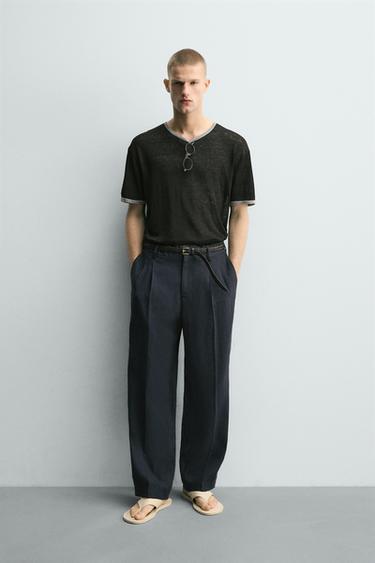 Zara KONTRASTSE LINASEGUGA KOOSTUD T-SÄRK - Must - Pilt 0