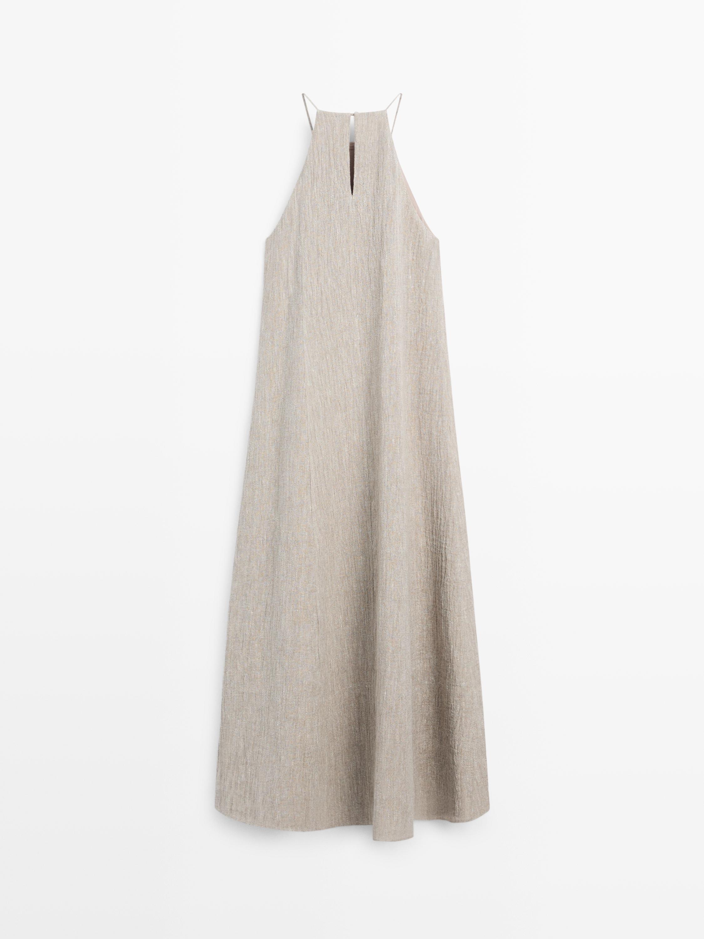 Flowing linen blend dress with gathered neckline