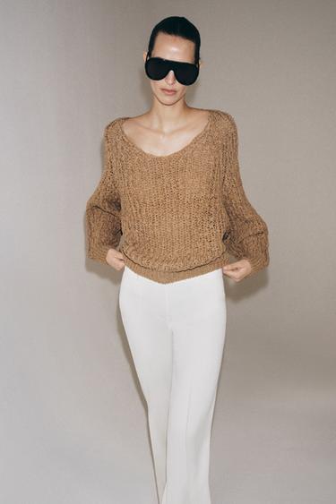 PULL EN MAILLE AVEC BANDE ENTRELACÉE - Camel clair de Zara - Image 4
