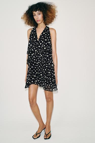 VESTIDO MINI BOLINHAS FOLHOS - Preto / Cru da Zara