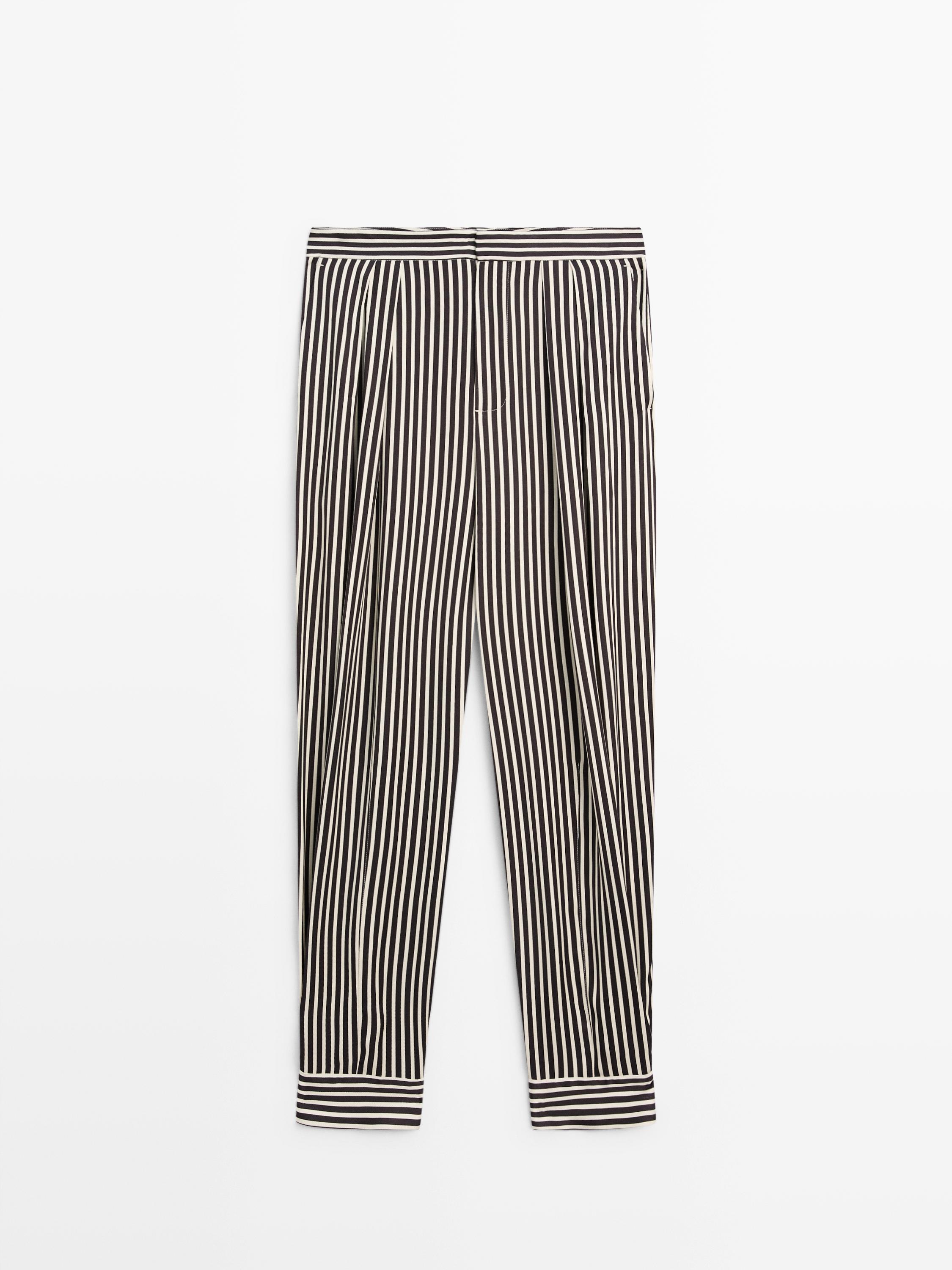 Striped draped pants with darts — White / Navy