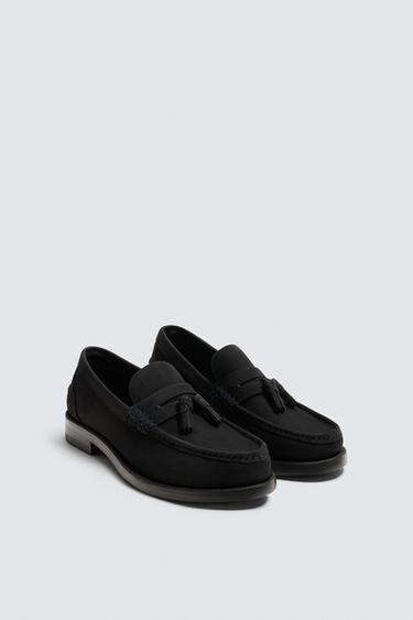 MOCASÍN PIEL BORLAS - Azul de Zara
