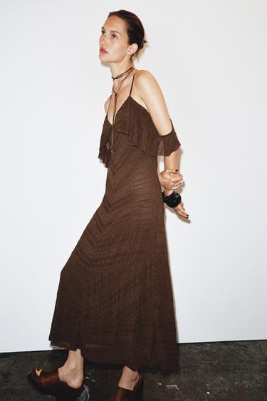 ĐẦM MIDI VẢI SẦN - Màu sôcôla từ Zara