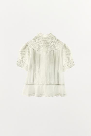 EMBROIDERED LACE PLEATED BLOUSE - Oyster-white by Zara - Image 4