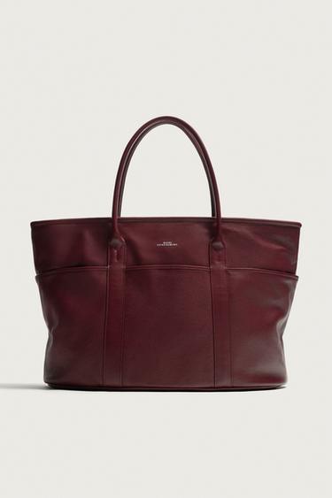 Zara LEATHER SHOPPER BAG - Burgundy Red