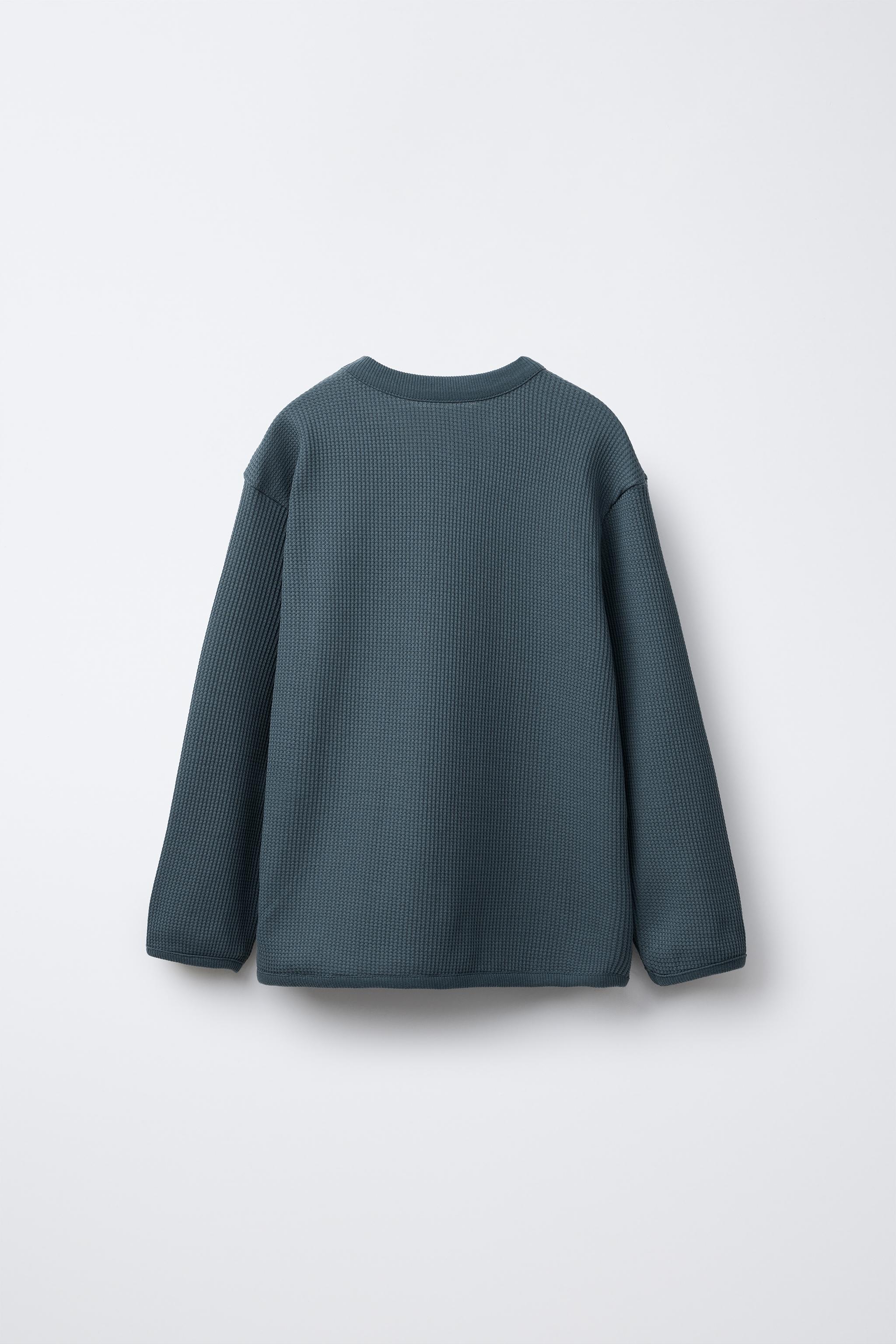 ★ドイツ発*ZARA*新作*グラフィックプリントワッフルスウェット クルーネックスウェットシャツ - ネイビーブルー | ZARA Japan