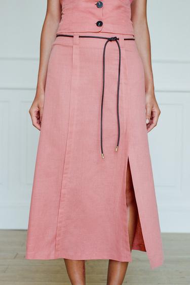 Zara LINEN BELTED MIDI SKIRT - MARSALA