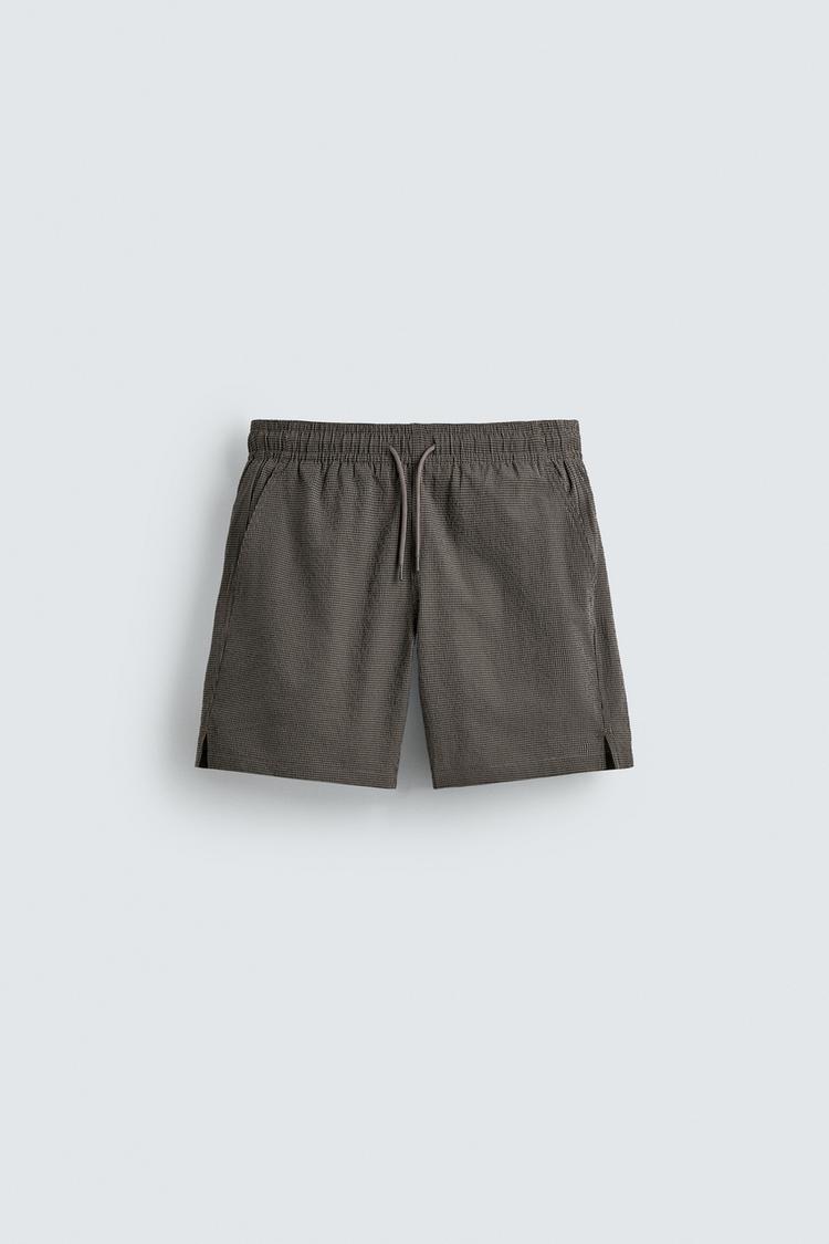 ZARA LONG TEXTURED CHECK SWIM SHORTS