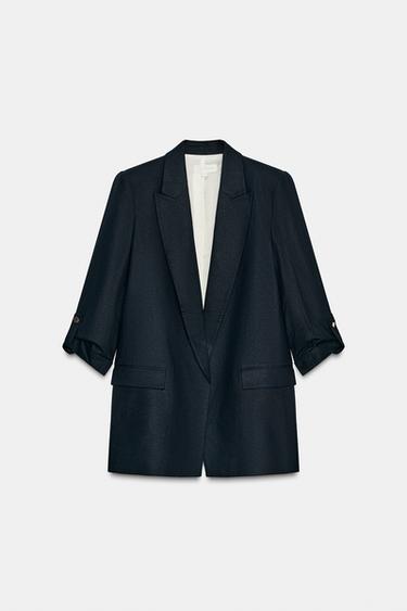 LINEN BLEND BLAZER WITH ROLLED-UP SLEEVES - Navy blue by Zara