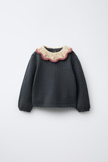 Zara CROCHET COLLAR KNIT SWEATER - Mid-blue - Image 0