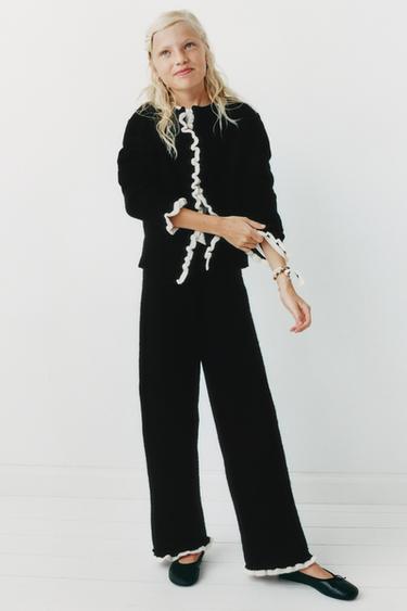 Zara CONTRAST RUFFLE WIDE-LEG PANTS - Black