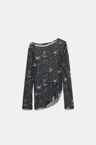 Zara BEADED EMBROIDERED DRAPED TULLE TOP - Black