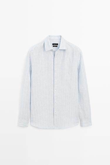 Camisa regular fit rayas delavé 100% lino - Azul de Zara - Imagen 0