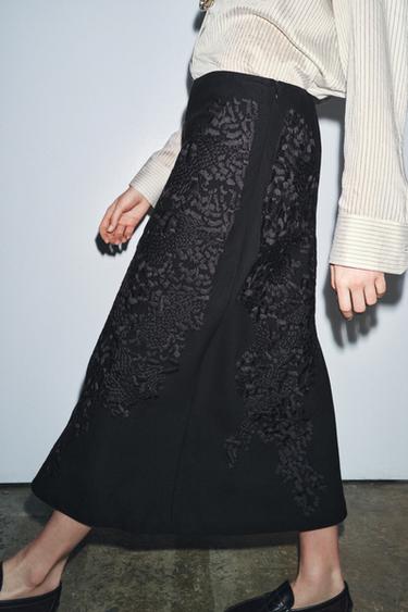 Zara ZW COLLECTION EMBROIDERED LONG SKIRT - Black