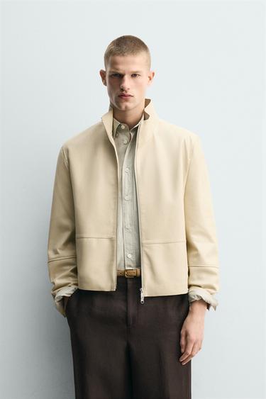 Zara LEATHER ZIP-UP JACKET - Ecru