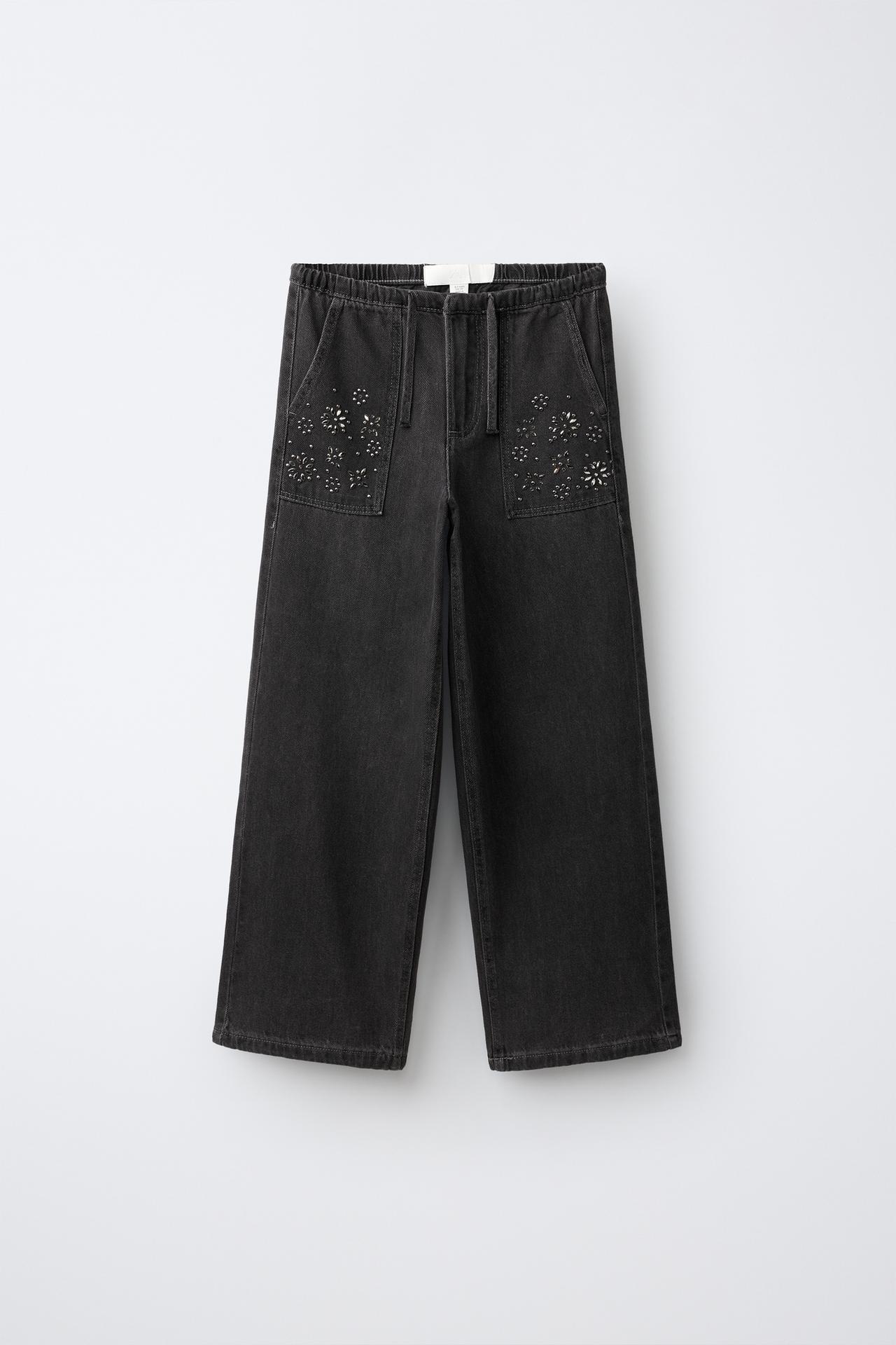 STUDDED FLUID WIDE-LEG JEANS — Black