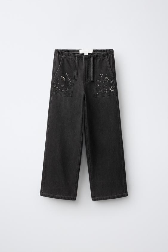 JEANS WIDE LEG FLUIDO TACHAS - Negro de Zara - Imagen 0