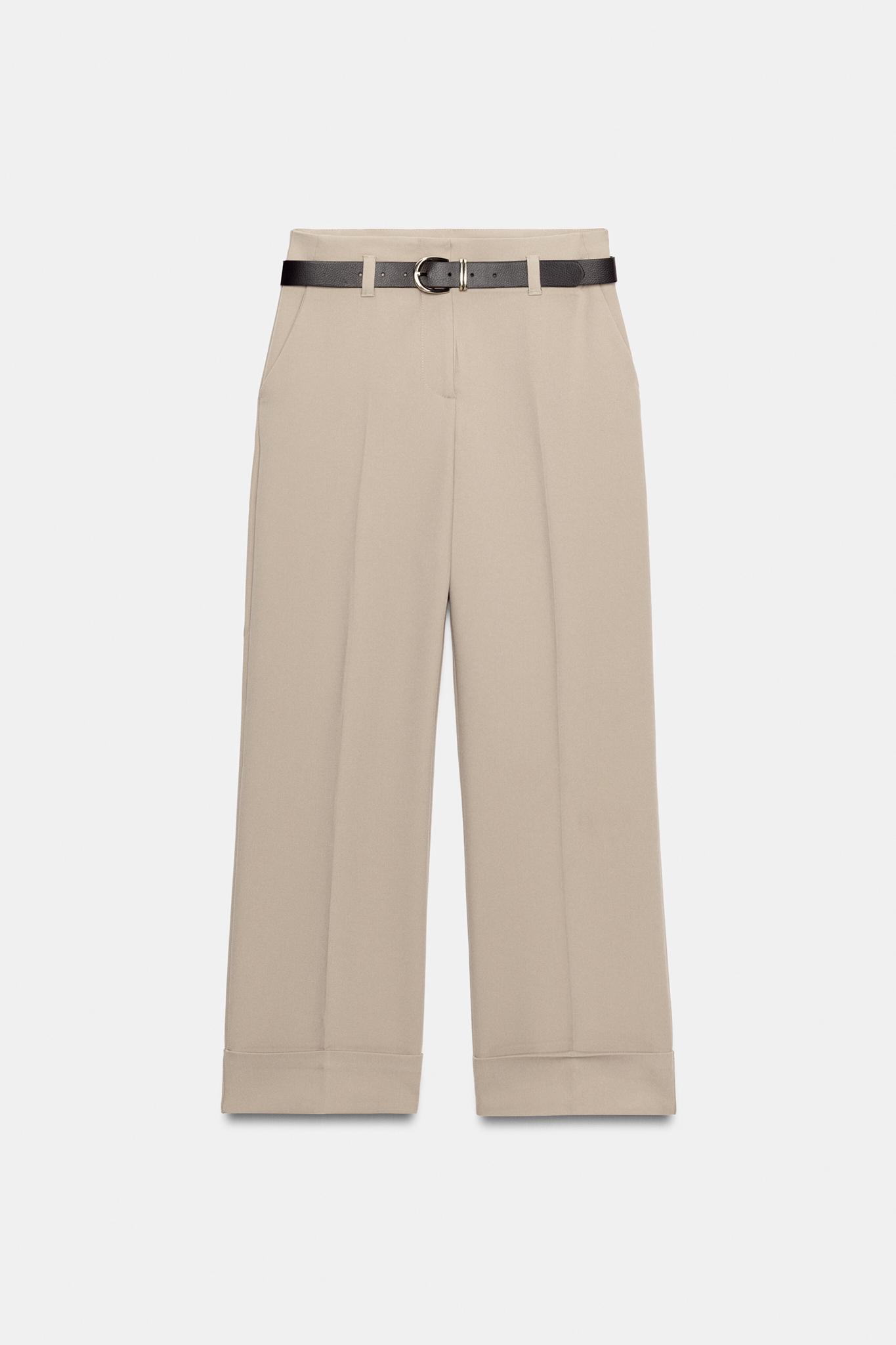 CUFFED HEM BELTED PANTS — Light camel