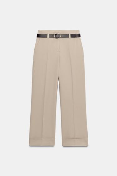 PANTALON AVEC CEINTURE ET BAS À REVERS - Camel clair de Zara