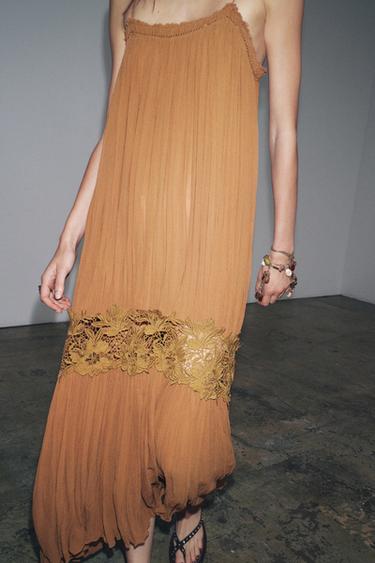 ZW COLLECTION CRINKLED EMBROIDERED DRESS - Brown by Zara - Image 1