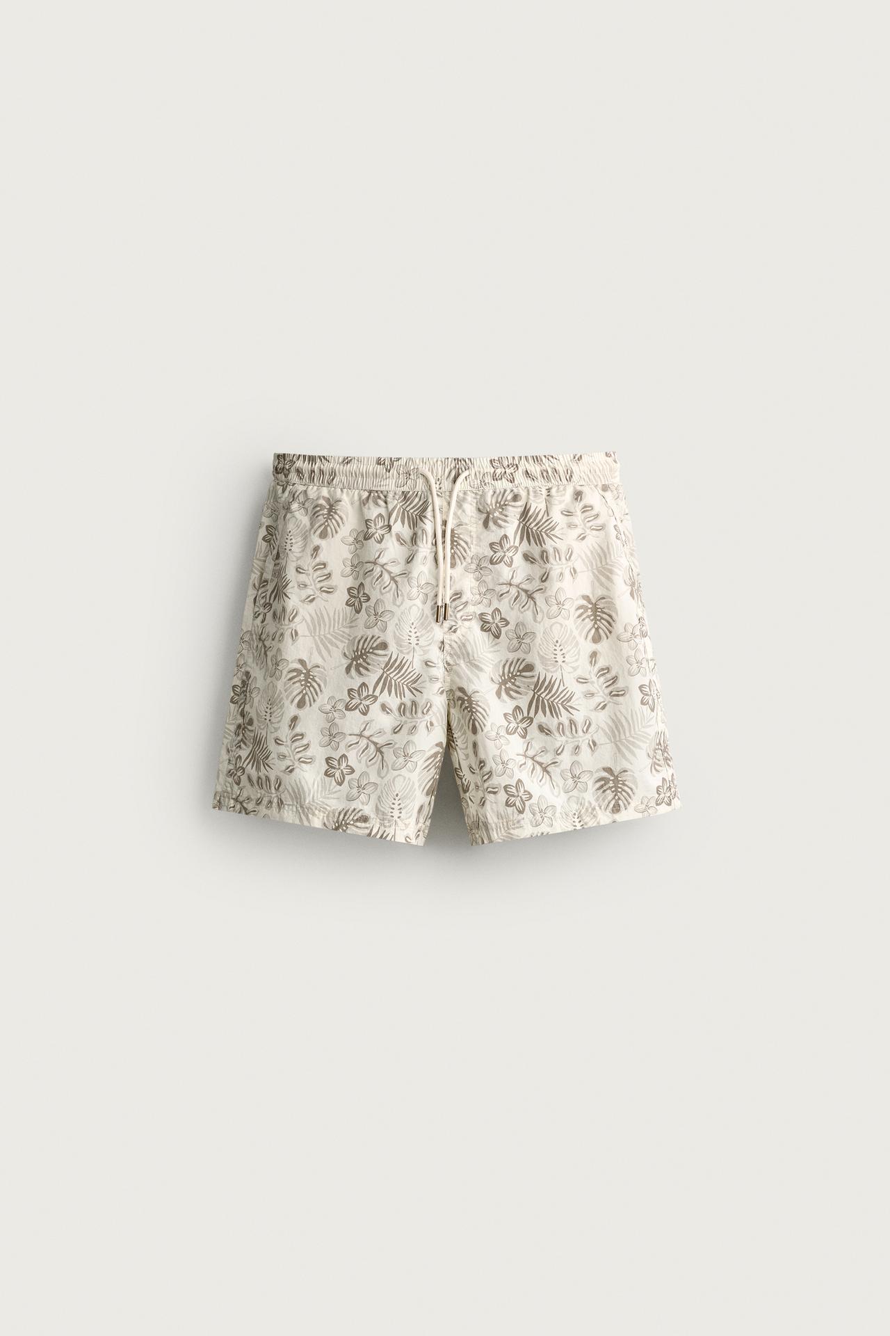 LONG FLORAL PRINT SWIM SHORTS — Ecru