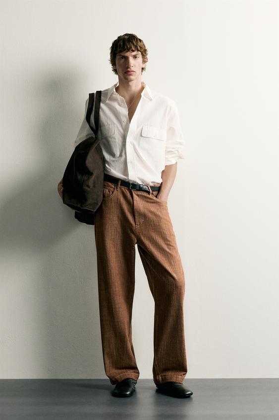 Zara 縫線裝飾休閒版長褲 - 深磚紅色 - 圖片 0