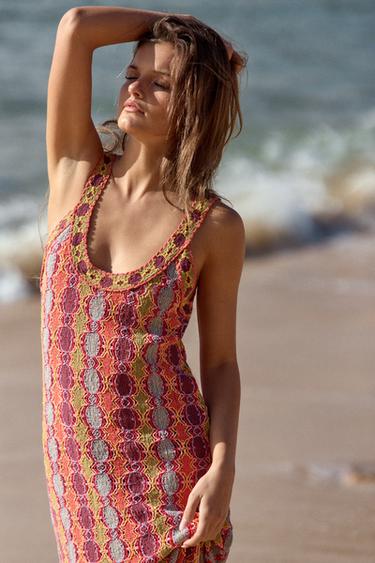 Zara LONG FRINGED KNIT DRESS - Multicolored