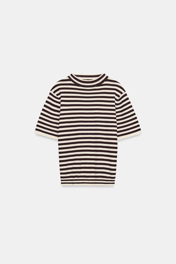 TOP EN MAILLE À RAYURES - Écru / Grenat de Zara - Image 3