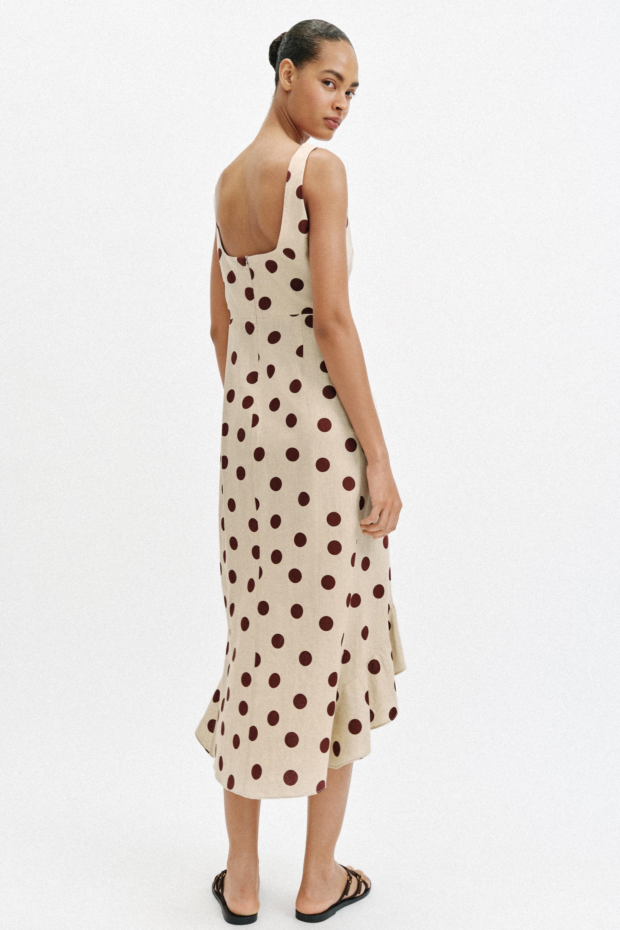 LINEN BLEND POLKA DOT MIDI DRESS