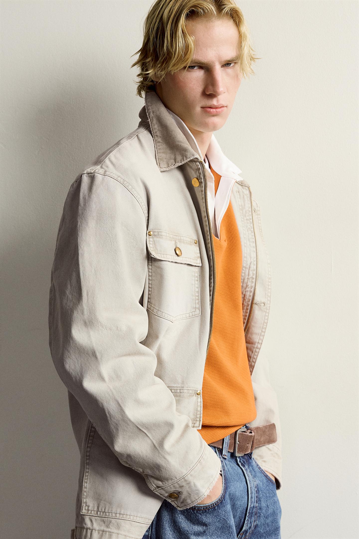 Мужская куртка Zara Relaxed Fit Jacket with Contrast Collar, цвет: Серо-бежевый — фото 6