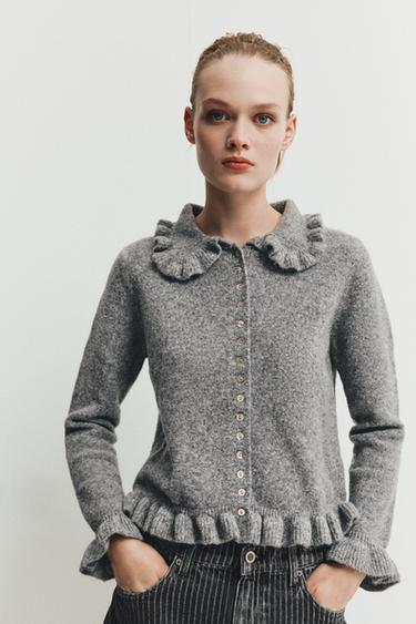 Zara RUFFLED KNIT CARDIGAN - Gray