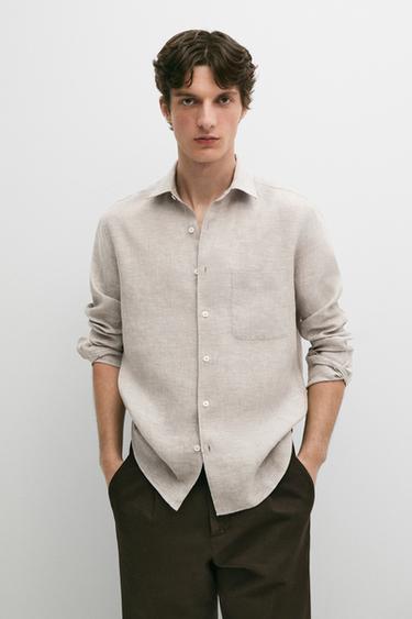 Camisa regular fit bolsillo lino - Visón de Zara