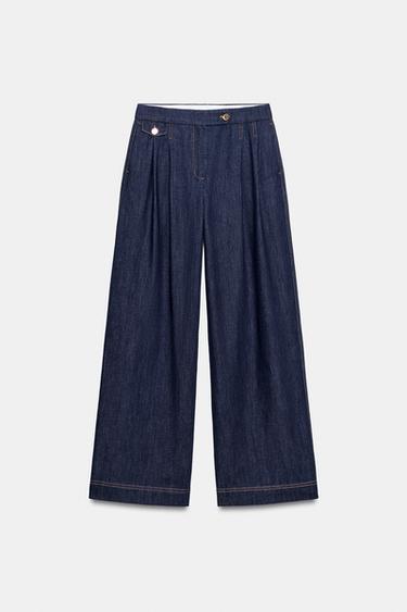 Zara WIDE LEG PLEATED PANTS - Blue