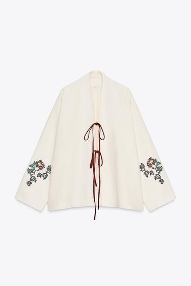 100% LINEN EMBROIDERED KIMONO - Ecru by Zara - Image 4