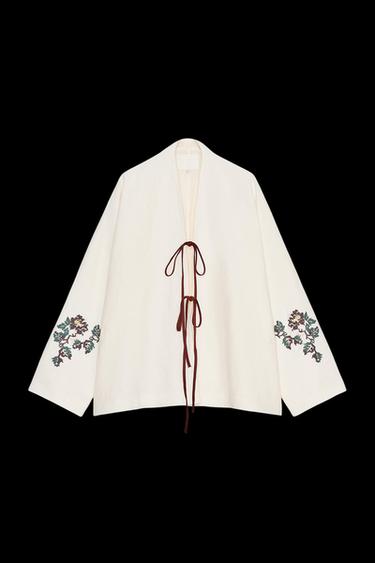 Zara 100% LINEN EMBROIDERED KIMONO - Ecru - Image 0