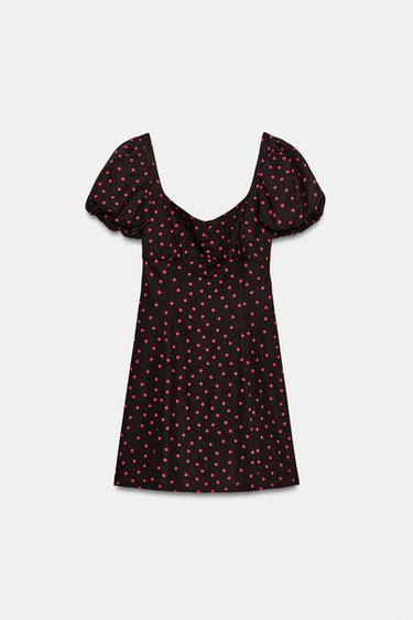 Zara 波卡圓點亞麻混紡蓬袖洋裝 - 多色