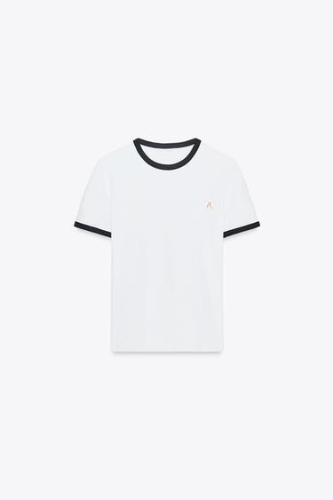 ZARA T-SHIRT WITH TRIM AND BROOCH - White by Zara - Image 4