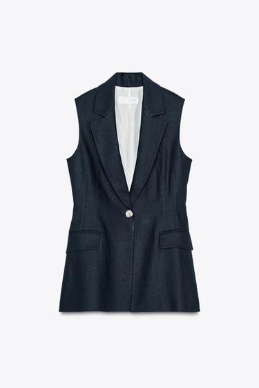 GILET LONG EN LIN - Bleu marine de Zara - Image 4