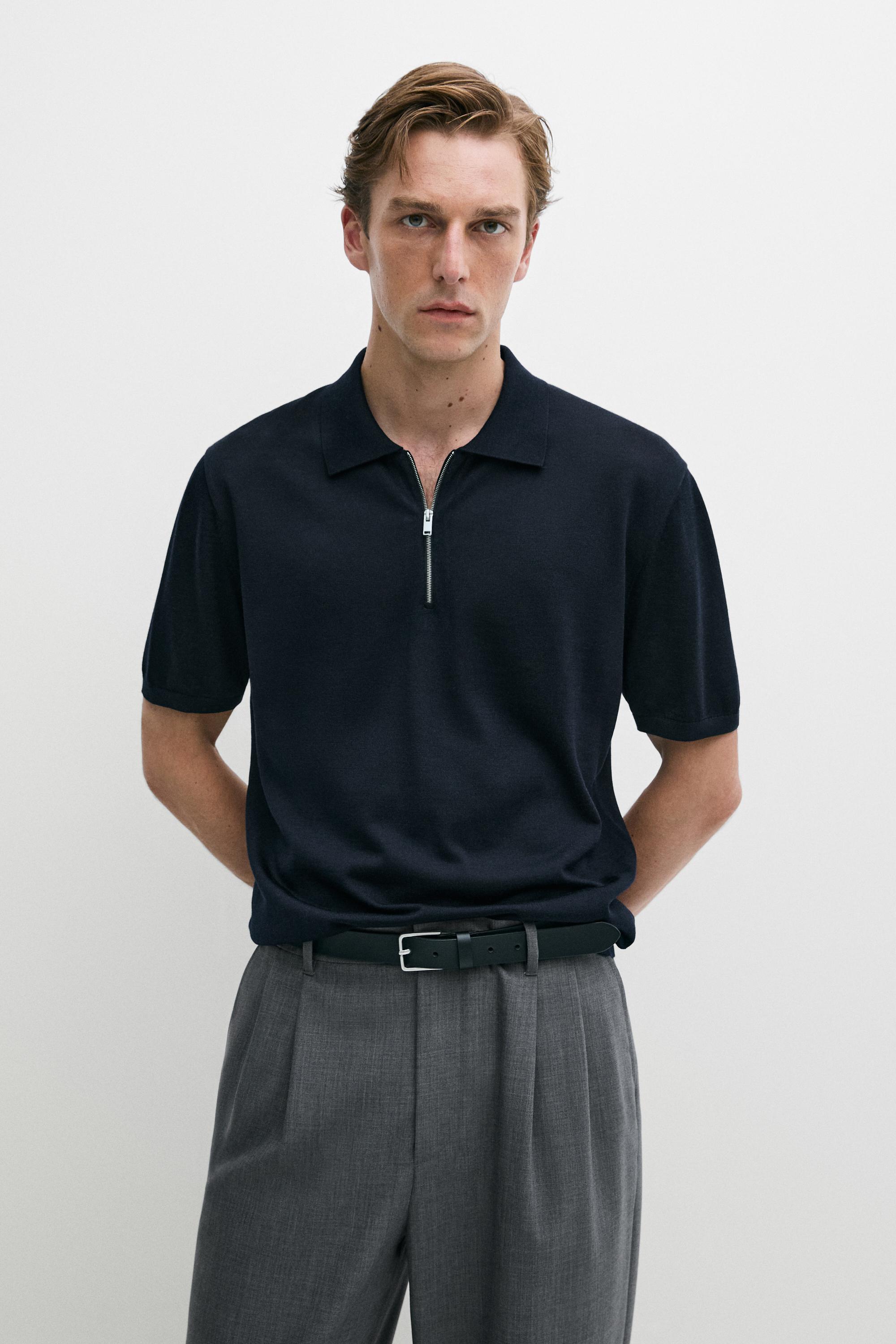 Wool blend zip-detail polo shirt — Navy blue