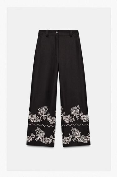 PANTALÓN CULOTTE BORDADOS MEZCLA LINO ZW COLLECTION - Marrón de Zara