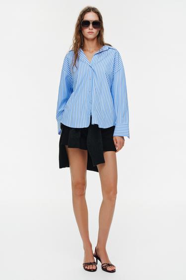 Zara BASIC MAJICA OD PUPLINA – plava / bela