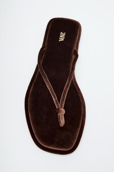 VELVET-EFFECT FLAT SANDALS - Brown by Zara