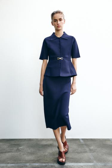 JUPE MI-LONGUE EN MAILLE UNIE - Bleu encre de Zara