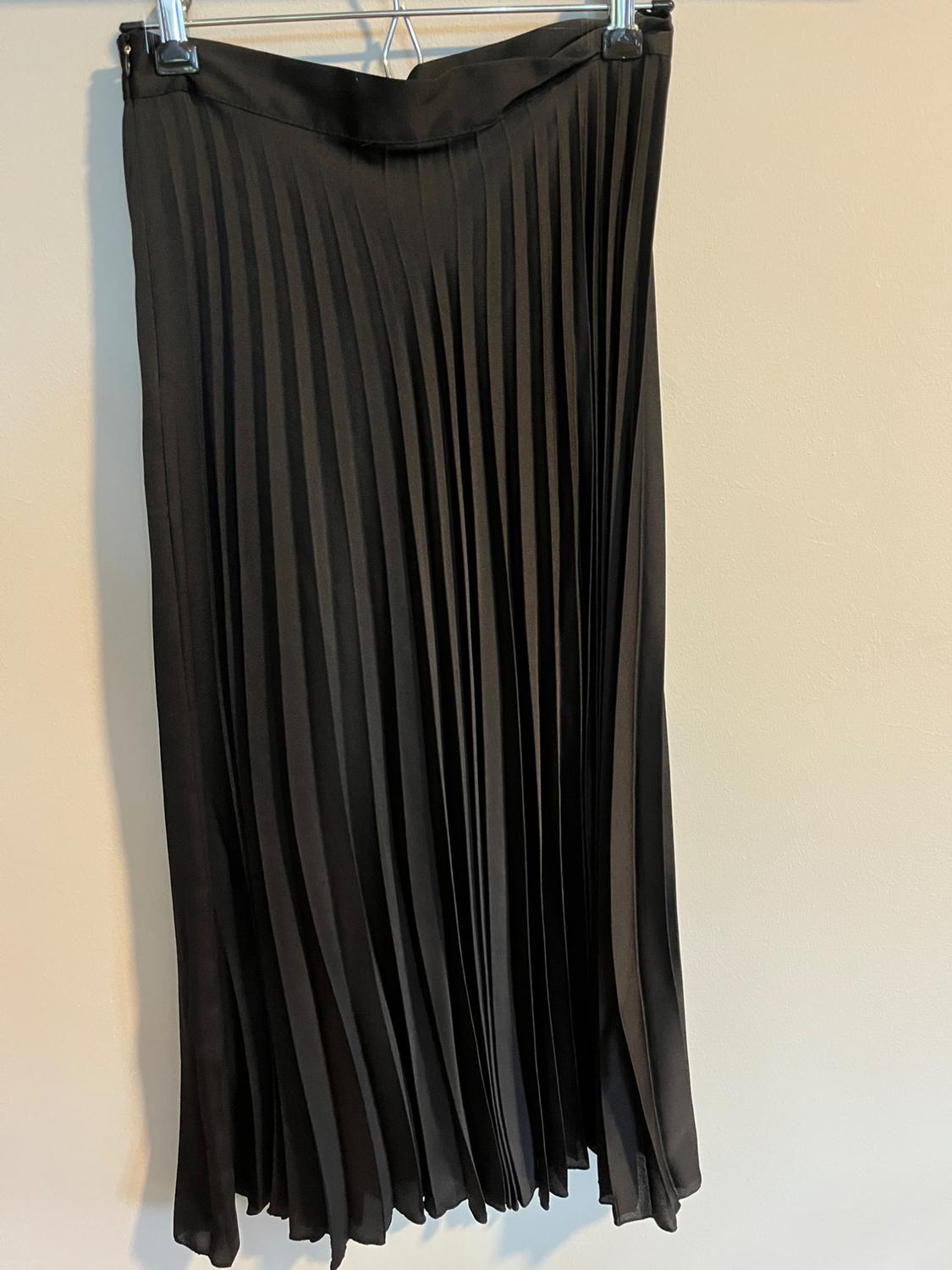 Black pleated skirt hanging on a hanger against a white background.