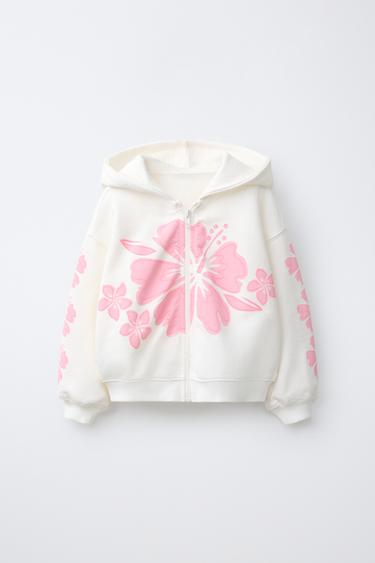 Zara DUKSERICA SA KAPULJAČOM I PRINTOM HIBISKUSA – prljavobela