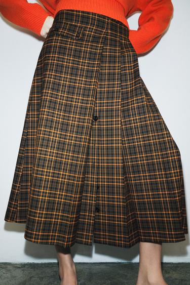 ZW COLLECTION CHECK MIDI SKIRT - orange-green by Zara