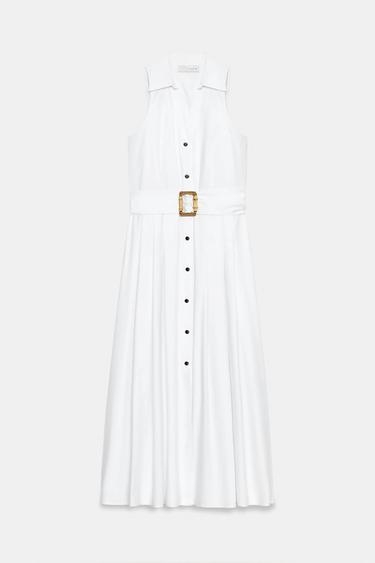 ROBE MI-LONGUE EN POPELINE AVEC CEINTURE - Blanc de Zara - Image 6