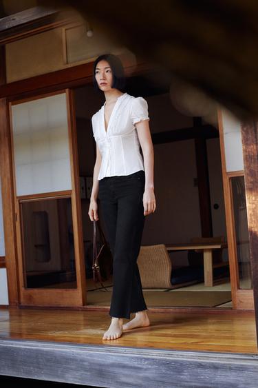 TRF クロップド丈フレアハイウエストデニムパンツブラックZaraのTRF クロップド丈フレアハイウエストデニムパンツ - ブラック 