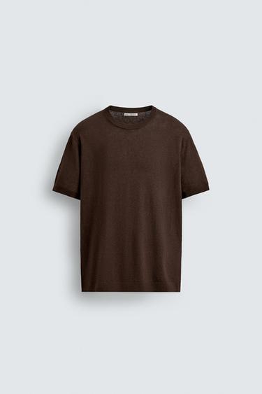 KNITTED LINEN - COTTON T-SHIRT - Brown by Zara