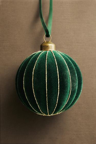 SPARKLY STRIPED BAUBLE CHRISTMAS TREE DECORATION - Green by Zara - Image 4